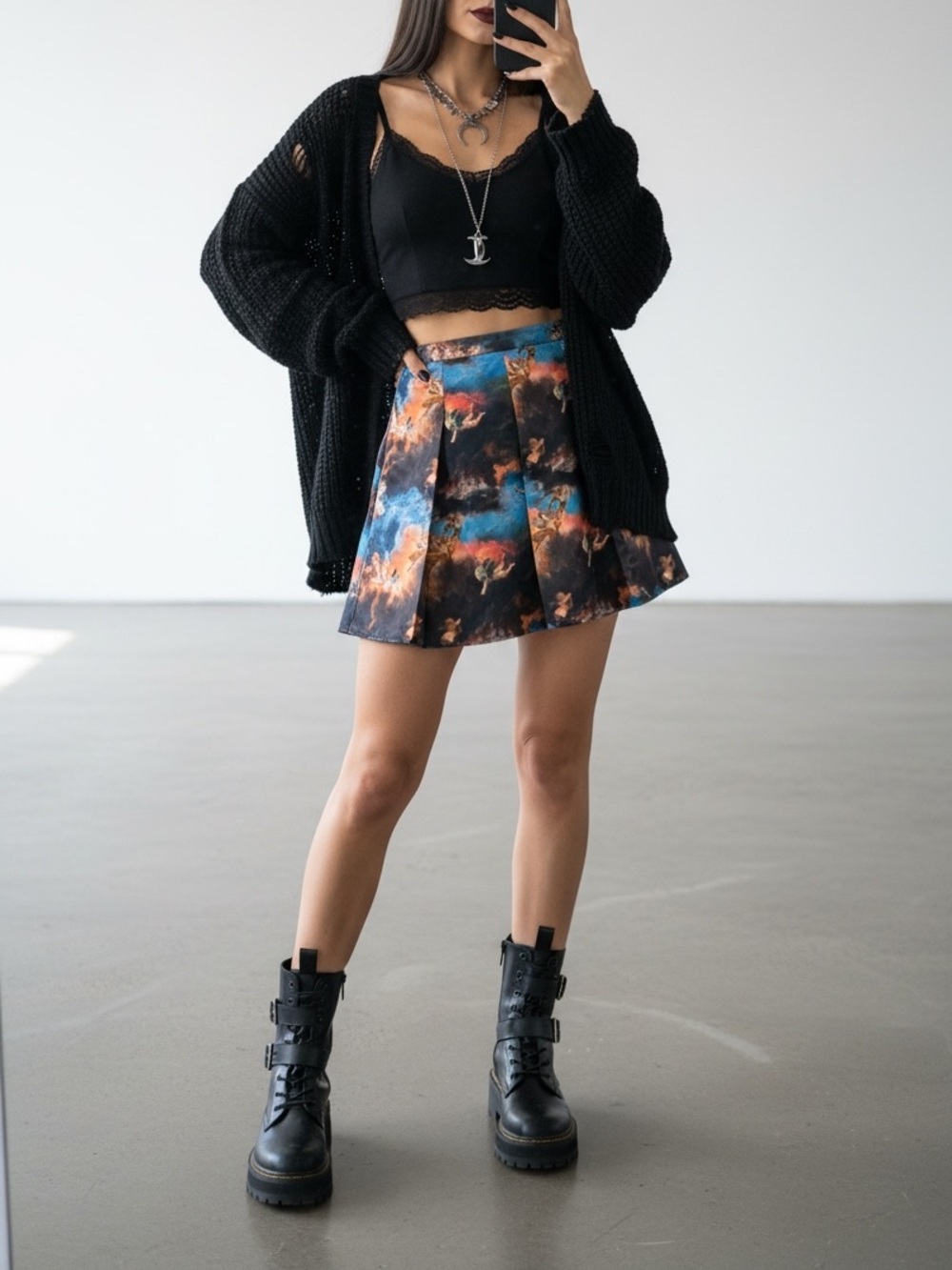 Y2K Cherub Angel Print Pleated Mini Skirt Renaissance Art Size M